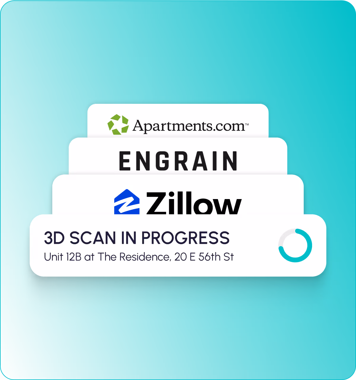 Stacked cards showing logos of Apartments.com, Engrain, and Zillow with a progress bar indicating a 3D scan in progress for Unit 12B at The Residence, 20 E 56th St.