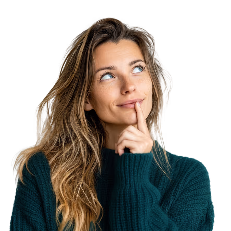Thoughtful young woman with long blond hair wearing a green sweater, looking upward and touching her chin.