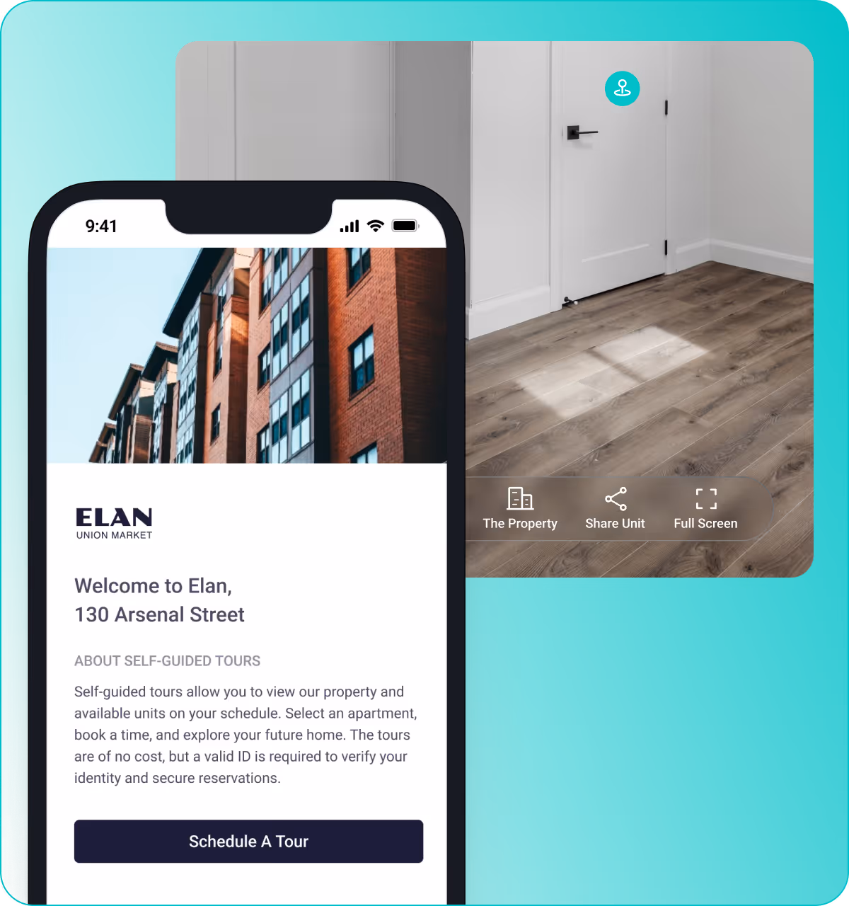 Mobile screen showing Elan Union Market self-guided tour scheduling page with building exterior image, next to a virtual room view with wood flooring and white door.