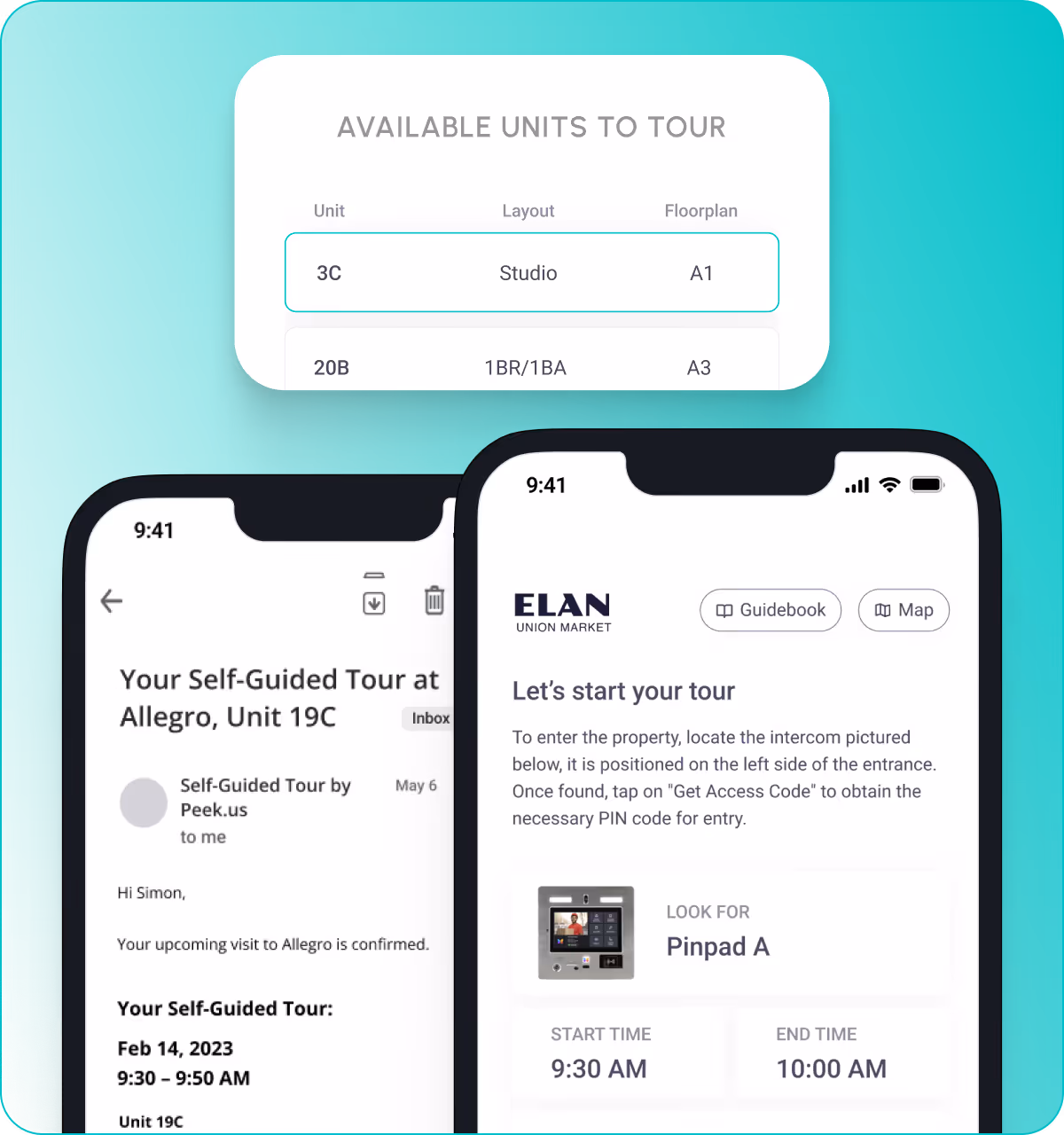 Two smartphone screens showing a self-guided tour confirmation email and a tour instruction app for apartment units including unit details and access info.